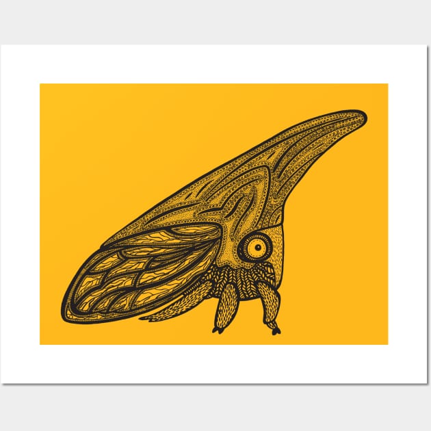 Treehopper Ink Art - super cute insect design - on yellow Wall Art by Green Paladin